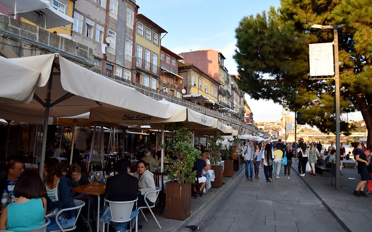 Terras met parasols aan de kade van de Ribeira, met wandelaars erlangs