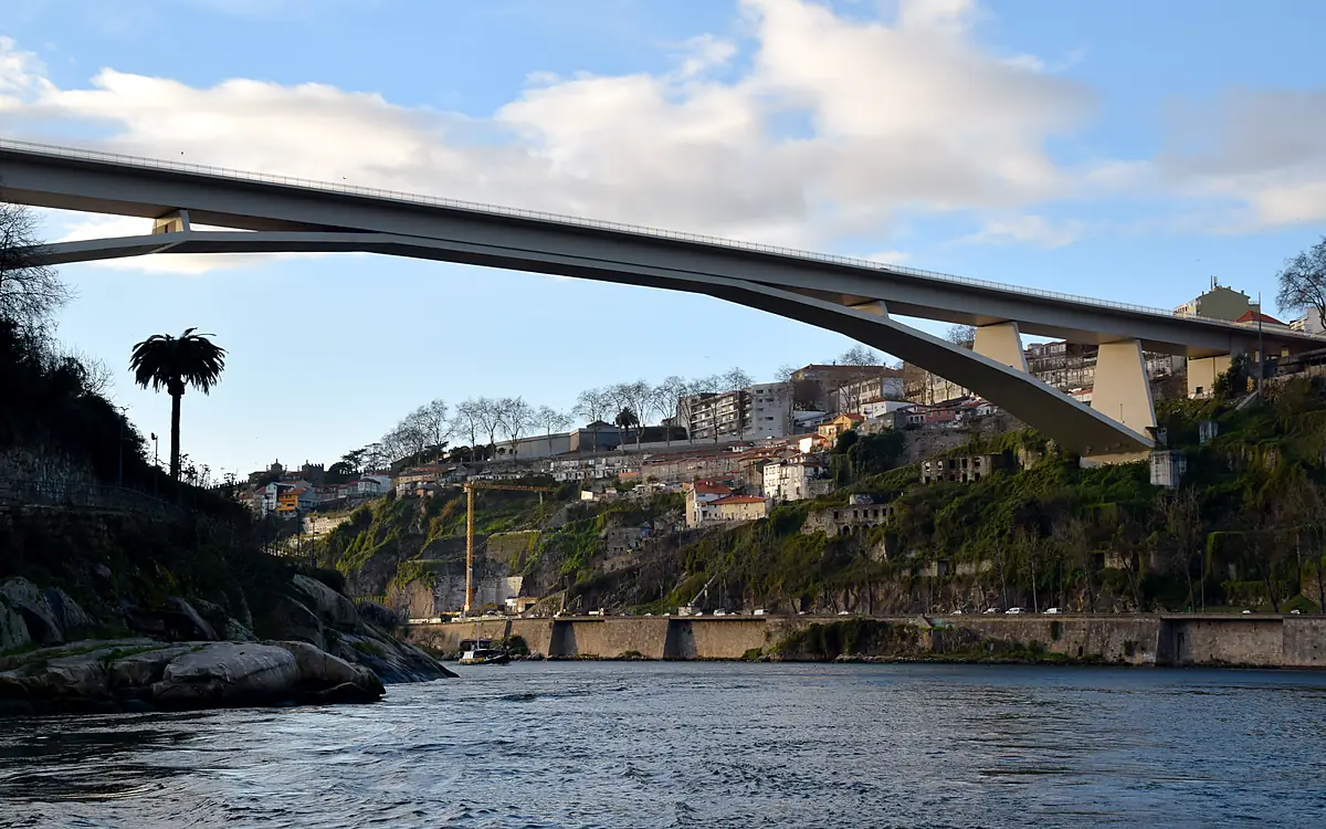 De Ponte do Infante over de Douro, van onderaf gezien vanaf een boot, met de begroeide oever en een palmboom links
